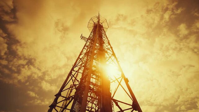 Communication tower providing global connectivity and broadcasting digital wireless signals, silhouetted against a dramatic golden hour sky with warm sunlight