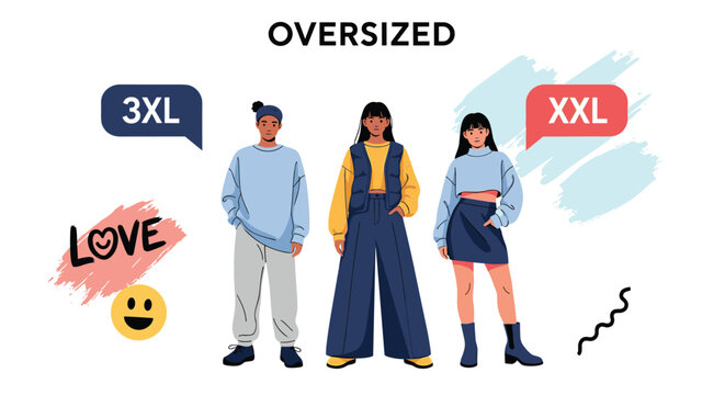 Trendy young people showcase oversized fashion styles with labels for large clothing sizes like 3XL and XXL outfits.