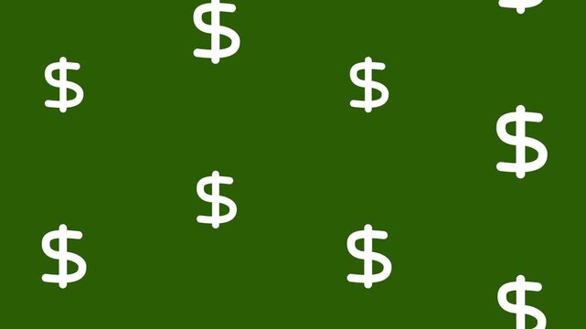 Animated dollar signs falling and accumulating on a green background representing financial growth and income.