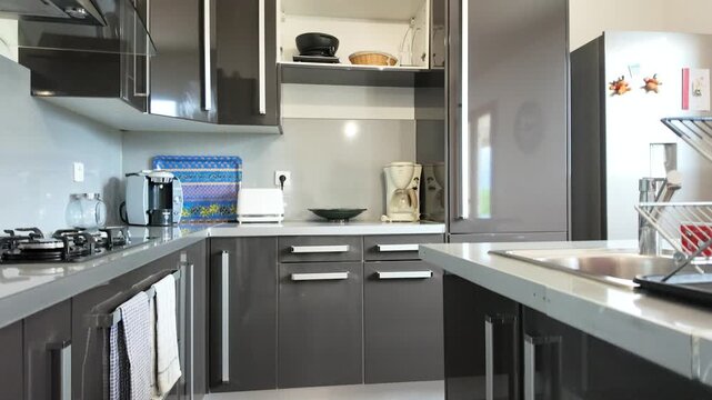 Modern Gray Kitchen Interior with Sleek Cabinets and Appliances in Paris