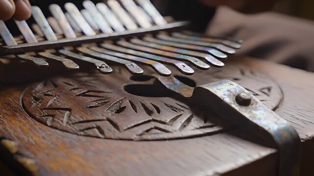 Closeup of hands playing a traditional Kalimba instrument with intricate carvings.