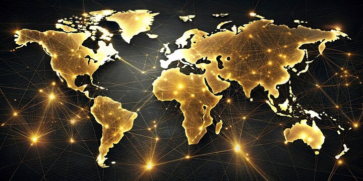 World map on a technological background, glowing lines symbols of the Internet, radio, television, mobile and satellite communications.Global network connection 