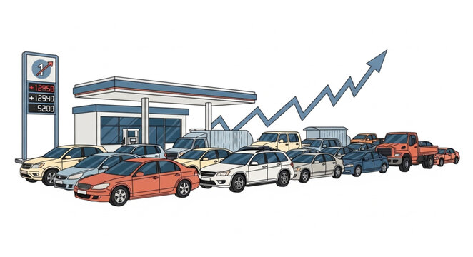 Gas Station with Cars and Upward Trend Graph.