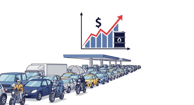 Gasoline prices rising with long queues at the gas station.