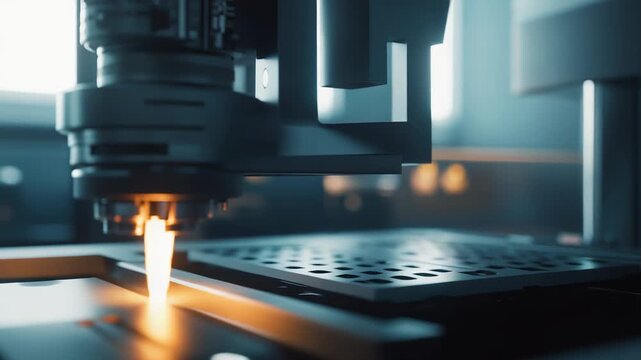 Industrial manufacturing equipment using advanced laser technology creating intricate patterns on a metal sheet, showcasing automation, innovation, and technological progress in material processing