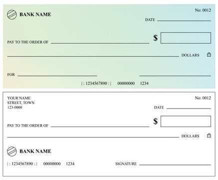 Bank check template in different versions. Financial document design for banking, accounting, payment, and business transaction mockup. Vector illustration.
