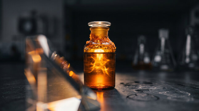 Amber glass reagent bottle encrusted with vibrant orange Potassium dichromate crystals. The warm backlit glow highlights the internal caustics and the prestigious depth of the solution.