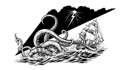 Giant Kraken Attacks Sailing Ship in Stormy Seas. © Mutmainah