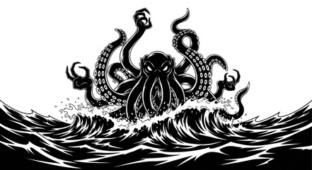 Giant Kraken Monster Emerging From Stormy Seas. © Mutmainah