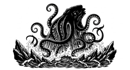Giant Kraken Monster Emerging From The Ocean Waves. © Mutmainah