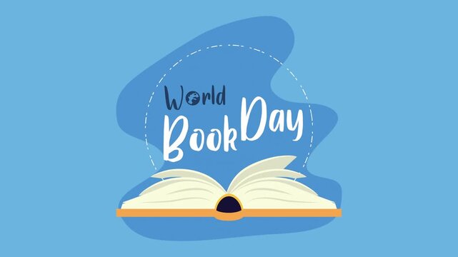 World book day animation featuring open storybook with white pages and text on blue liquid background for literacy celebration.