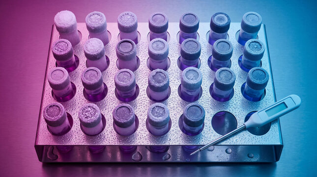 Symmetrical grid of frosted test tubes with purple reagents. Dual-tone lighting captures elite laboratory storage and the icy textures of clinical-grade biobanking.