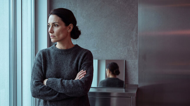 Thoughtful woman in a minimalist architectural space. Wool sweater texture, soft clinical light, and reflective surfaces create a mood of quiet introspection and resilience.
