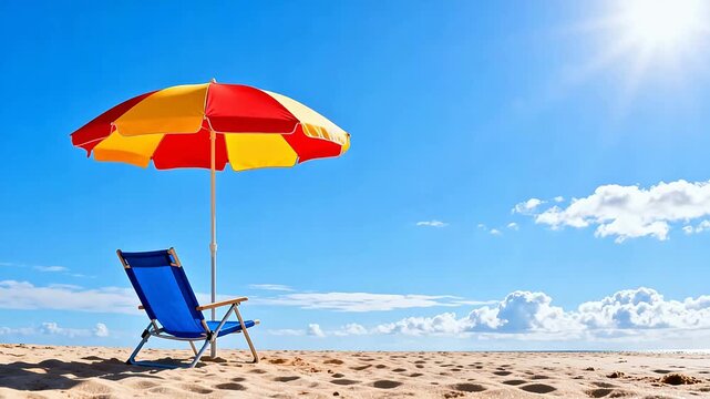 Beach chair and umbrella under blue sky