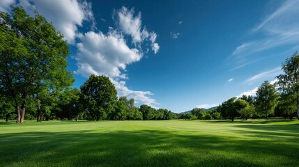 Obraz premium Vast Green Golf Course Landscape with Lush Trees Under a Bright Blue Sky with Fluffy Clouds