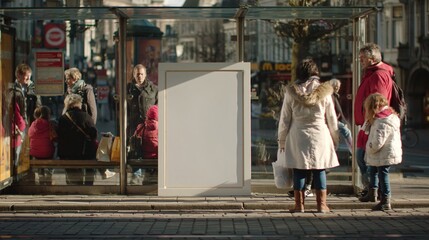 Obraz premium Diverse group of people waiting at a sunny urban bus stop with a blank advertisement panel