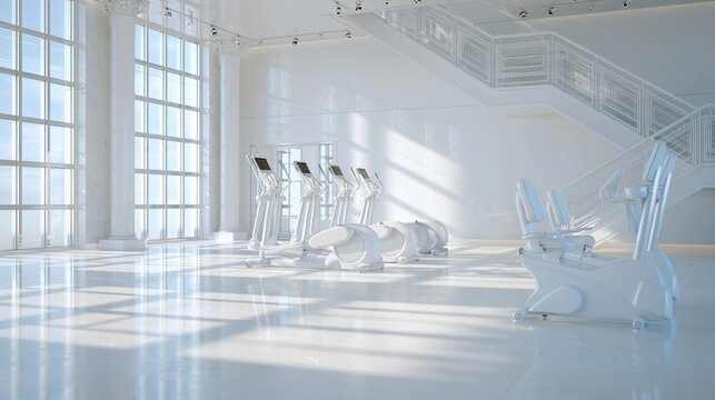 Bright, Modern White Gym with Elliptical Machines and Staircase, Sunlit Exercise Studio