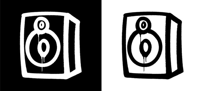 Classic speaker spray paint doodle with hand drawn urban details and drips. Isolated street art element for music events, hip hop culture, and creative audio branding.