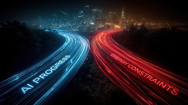 Dual Pathways of AI Progress and Energy Constraints Illuminated by Light Trails in a Futuristic Cityscape