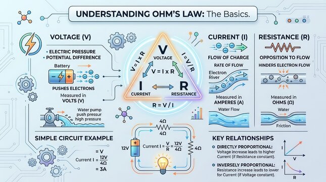 Infographic on Basics of Ohms Law with Circuit Diagram.