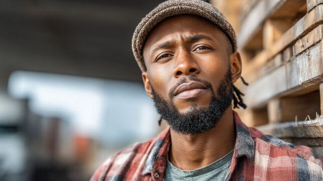 Confident young black man in plaid shirt and flat cap leaning against wooden pallets outdoors