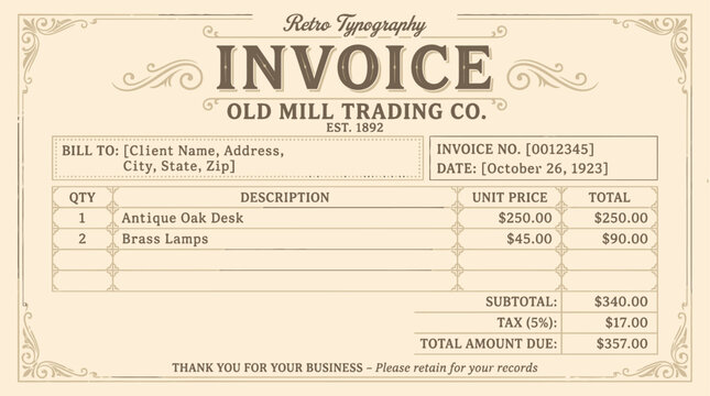 Retro Typography Invoice Design with Antique Border and Classic Layout for Old Fashioned Business Billing