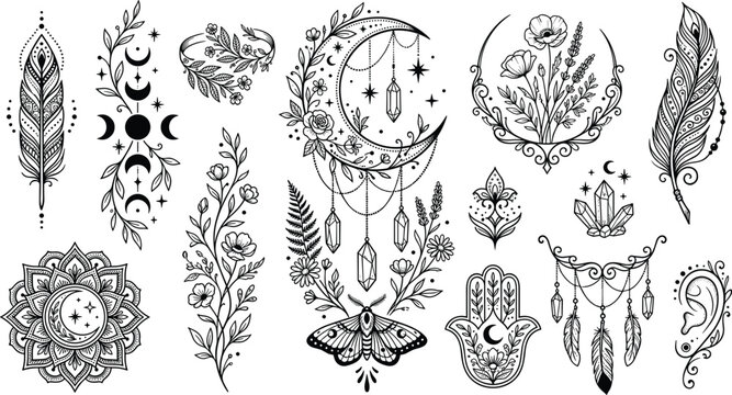 Celestial boho floral tattoo vector set elegant crescent moon dreamcatcher hanging crystals hamsa hand and tribal feathers