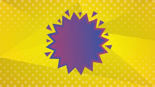 Abstract purple and blue gradient burst shape with dynamic triangles over a vibrant yellow radial background with white dots.