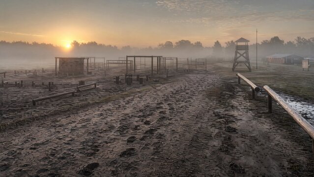 Empty training ground at dawn with muddy terrain and orderly footprints in soft fog.