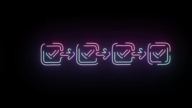 Neon process flowchart with animated checkmarks: business workflow and task completion concept glowing