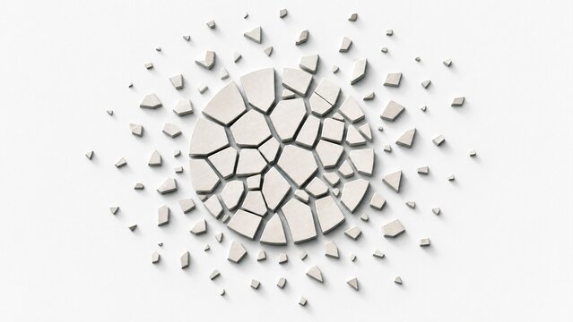 A complete circle breaking into irregular fragments, geometric decomposition process.