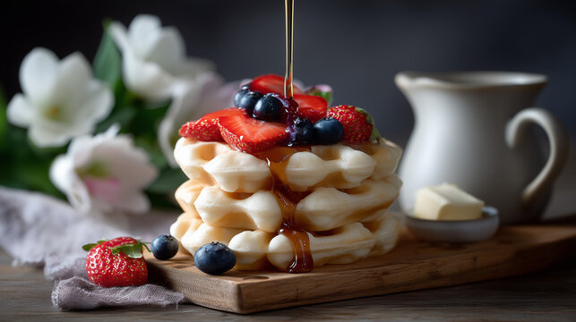Celebrating National Waffle Day with a delicious stack of waffles topped with fresh strawberries and blueberries on a wooden board indoors