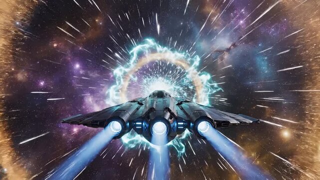 Futuristic Spaceship Traveling Through a Cosmic Wormhole.