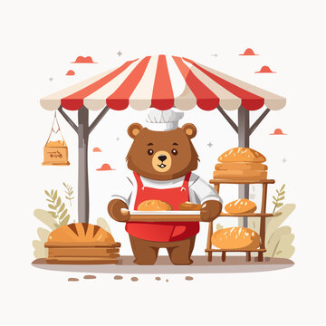 Cartoon Bear Baker with Fresh Bread