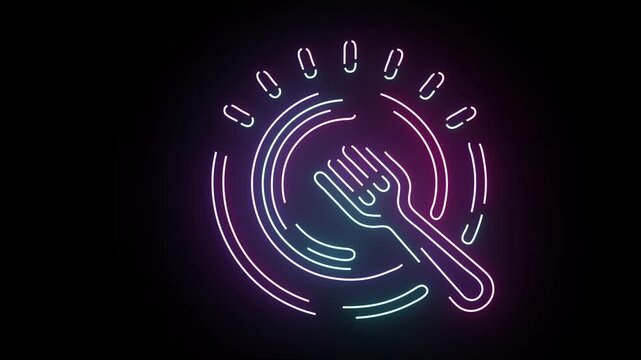 Neon glowing fork and plate animation, minimalist restaurant signage, food service concept, digital culinary vibrant cyberpunk style restaurant glowing kitchenware symbol