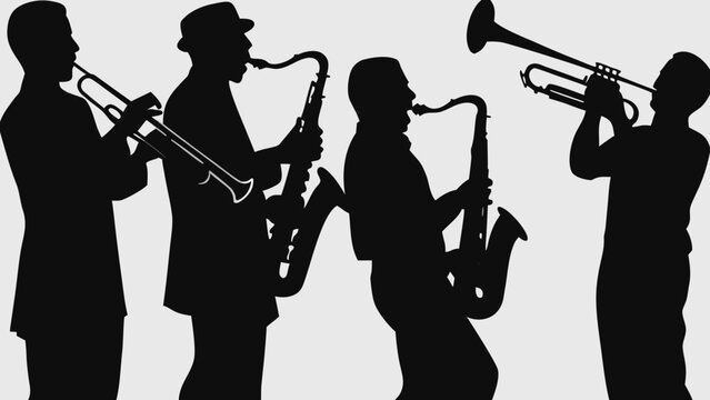 silhouette of a four piece jazz band playing wind instruments for music and performance design