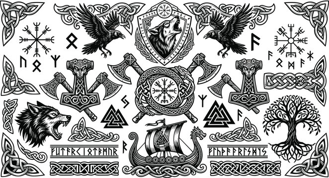 Celtic knot scandinavian illustration set vintage thor hammer vegvisir compass runic alphabet letters yggdrasil tree life for shirt design