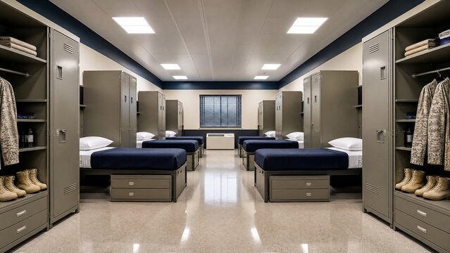 Immaculate modern barracks room with perfectly made beds and lockers.