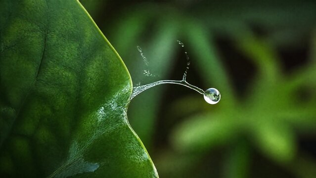 Water droplet launching from green lotus leaf, macro detail of splash.