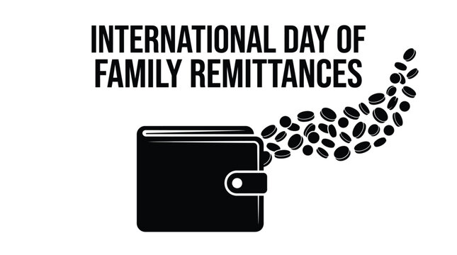 Graphic design illustration showing a black wallet with flying coins for international family remittance day celebration