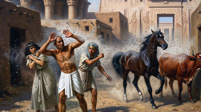 The third plague of Egypt, the plague of gnats and lice. Biblical scene concept. Digital illustration.