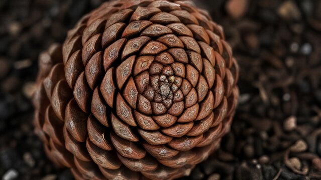 Extreme close-up of a pinecone on soil, focusing on its Fibonacci spiral pattern of scales.