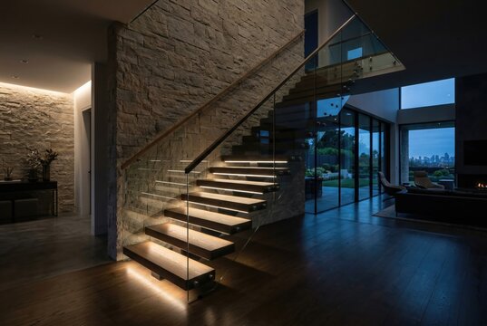 Smart home luxury interior with glass balustrade and LED stair lighting