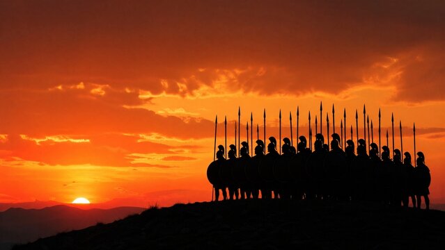Silhouette of warriors in phalanx formation against a dramatic sunset.