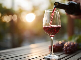 Obraz premium Pouring red wine into a glass at sunset with grapes on a wooden table