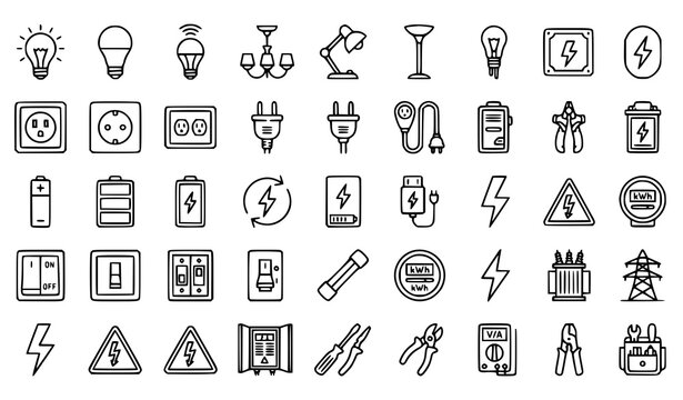 Electrical line icon vector set with electric bulb socket and power symbols