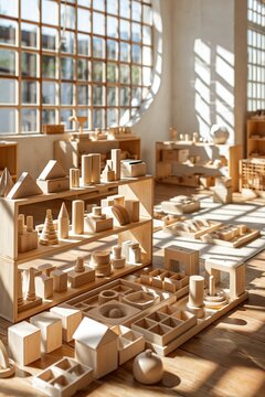Montessori classroom filled with natural wooden educational toys and blocks bathed in sunlight
