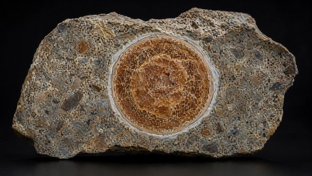 Cross-section of rough stone with a distinct round concretion embedded.