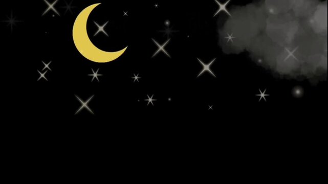 Animated night sky with glowing crescent moon, twinkling stars and moving clouds on black background.