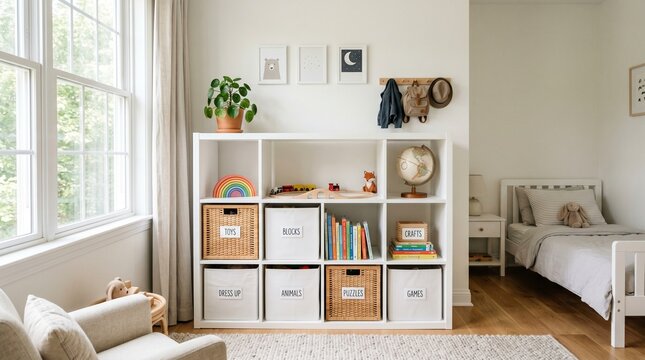 Minimalist Kids Room Organization with Woven Storage Baskets and Sustainable Toys in Natural Light